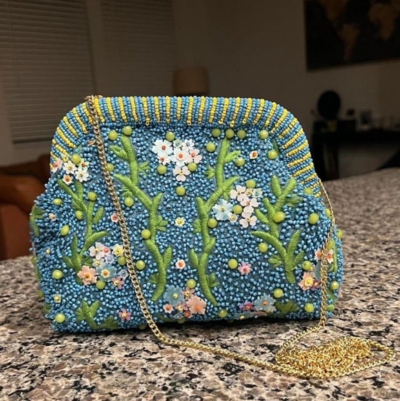 Elegant Floral Embroidered Blue Clutch